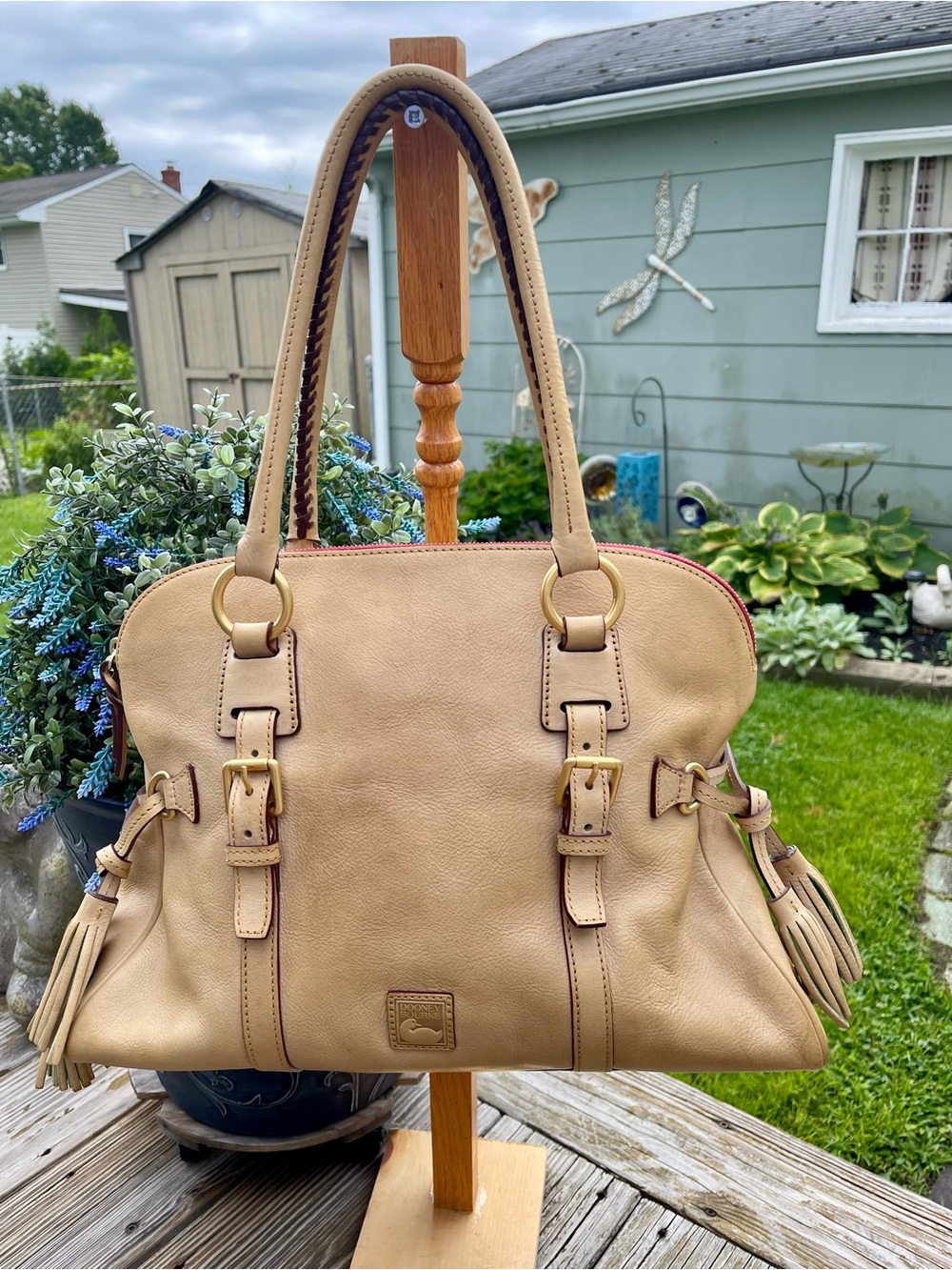 Dooney & Bourke Florentine Beige Leather Double-Handle Satchel with Tassels